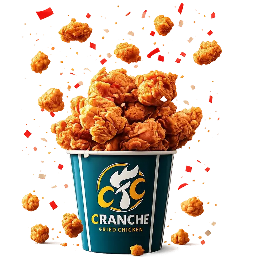 A crispy Cranche Fried Chicken bucket, piled high and fresh from the fryer